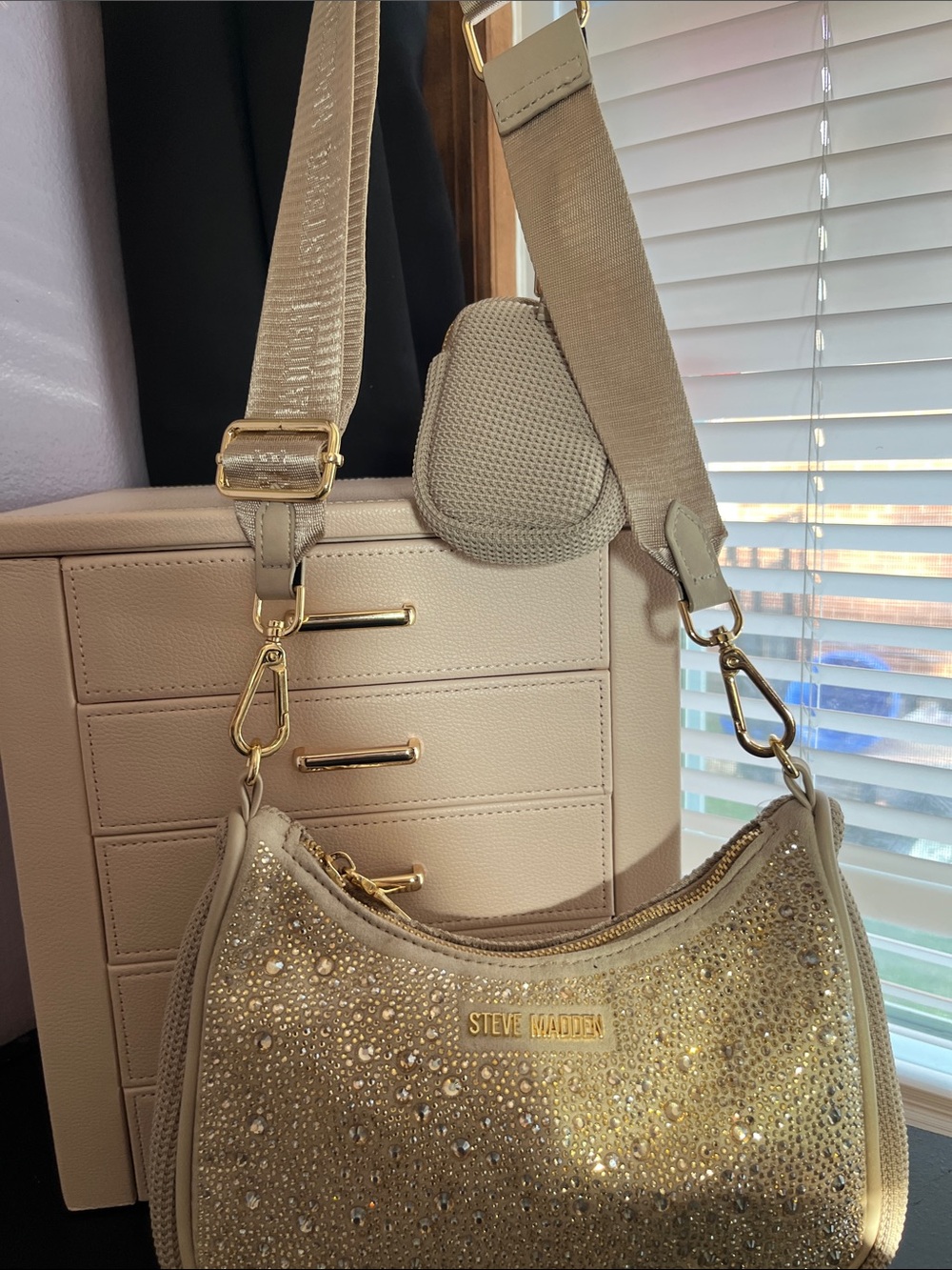 Steve Madden Beige Crystal-Studded Shoulder Bag with Wide Strap